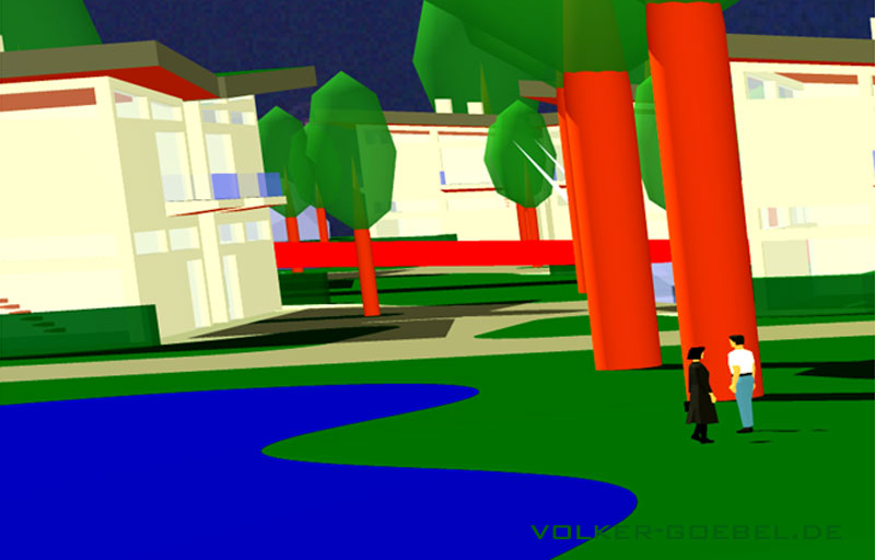 Teich Bäume Hausgruppen Rampe